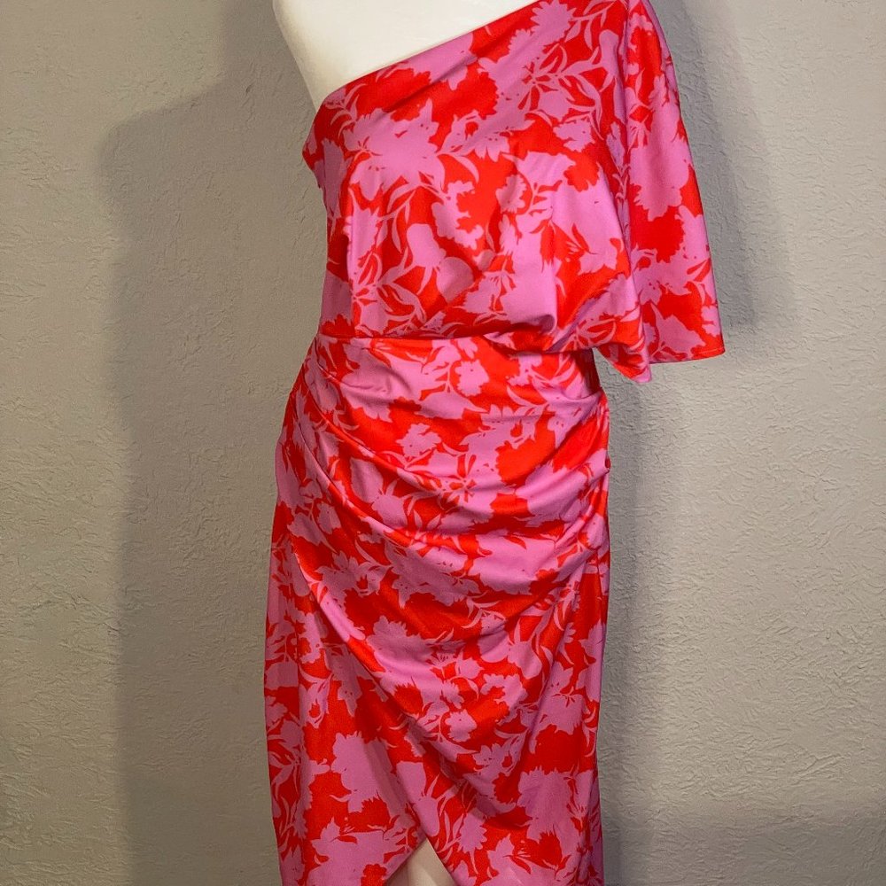 One shoulder, floral dress. Aysmetrical shape, gathering on the side.  Tulip Hem
